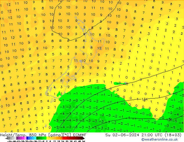 Height/Temp. 850 hPa ECMWF Ne 02.06.2024 21 UTC