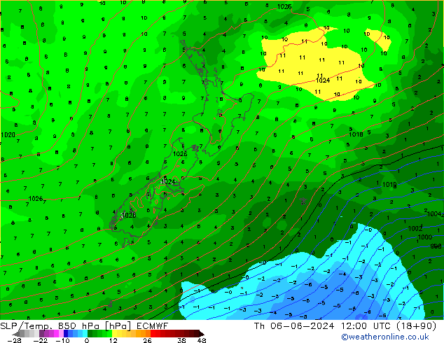 SLP/Temp. 850 hPa ECMWF gio 06.06.2024 12 UTC