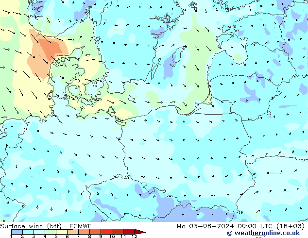  10 m (bft) ECMWF  03.06.2024 00 UTC