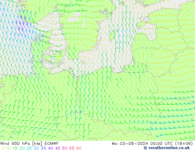 Wind 950 hPa ECMWF Mo 03.06.2024 00 UTC