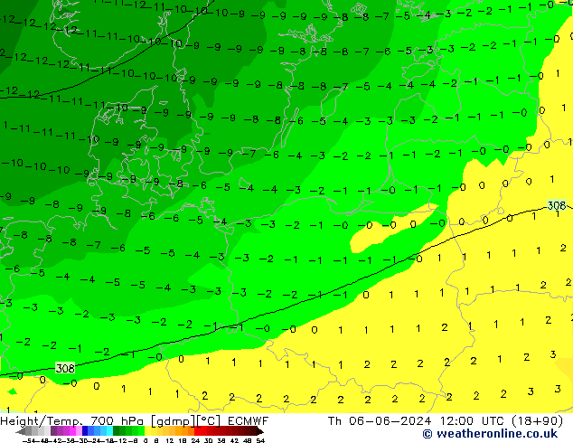 Height/Temp. 700 hPa ECMWF Do 06.06.2024 12 UTC