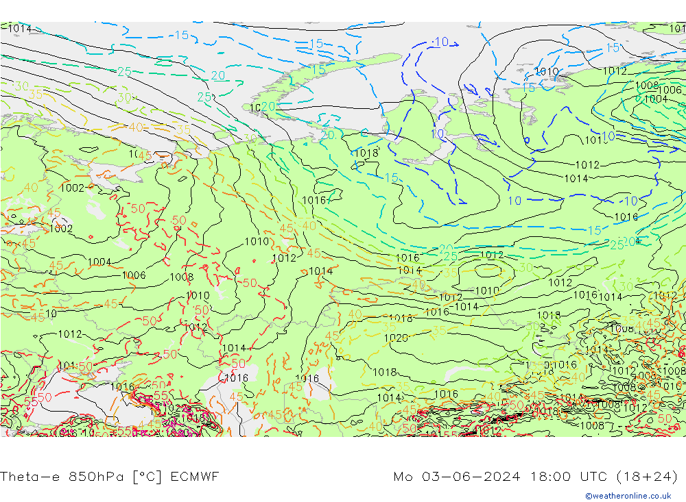 Theta-e 850hPa ECMWF Mo 03.06.2024 18 UTC