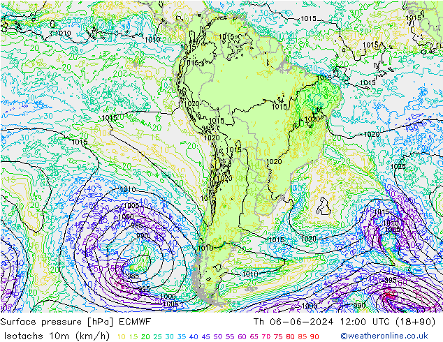 Izotacha (km/godz) ECMWF czw. 06.06.2024 12 UTC