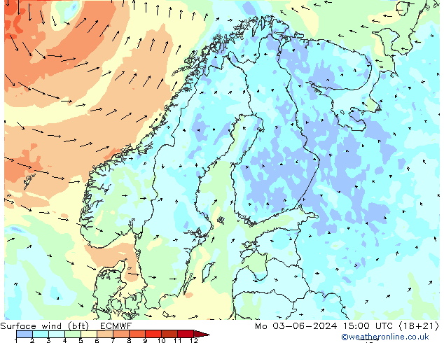 Surface wind (bft) ECMWF Po 03.06.2024 15 UTC