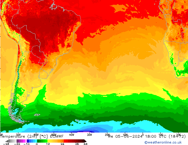 Temperatura (2m) ECMWF mié 05.06.2024 18 UTC