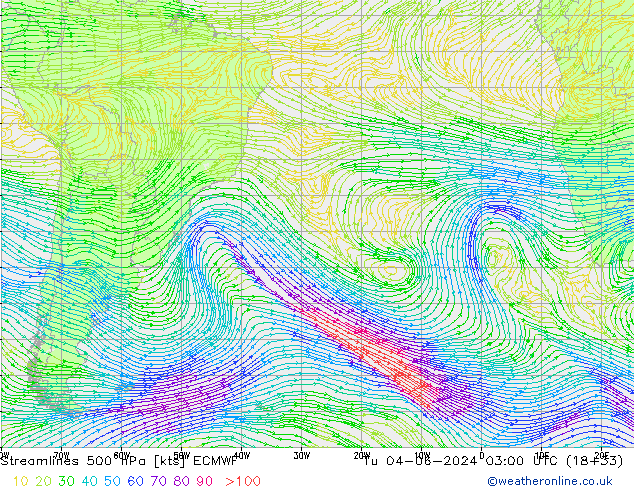 Linia prądu 500 hPa ECMWF wto. 04.06.2024 03 UTC