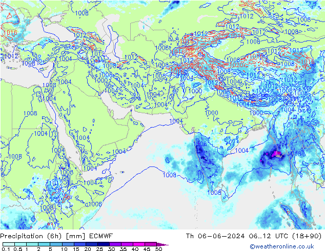 Precipitation (6h) ECMWF Čt 06.06.2024 12 UTC