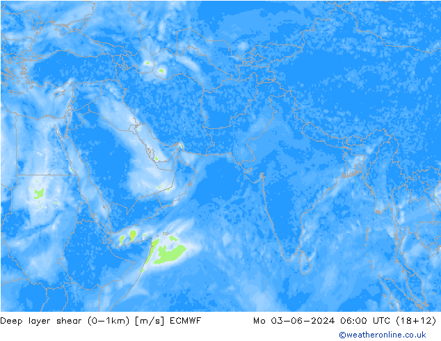 Deep layer shear (0-1km) ECMWF Po 03.06.2024 06 UTC