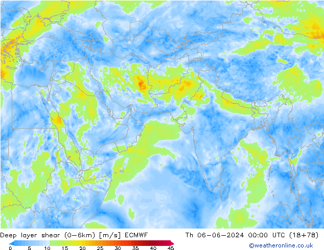 Deep layer shear (0-6km) ECMWF Th 06.06.2024 00 UTC