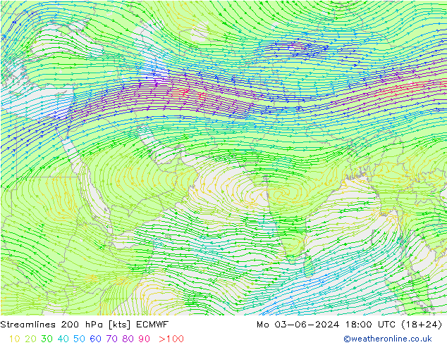 Ligne de courant 200 hPa ECMWF lun 03.06.2024 18 UTC
