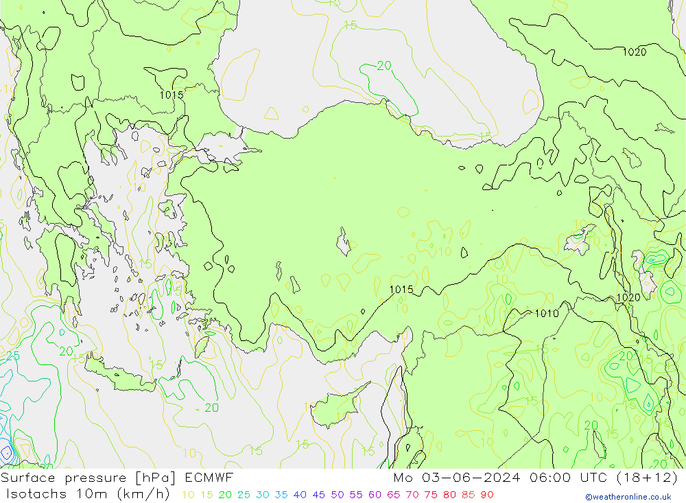 Izotacha (km/godz) ECMWF pon. 03.06.2024 06 UTC