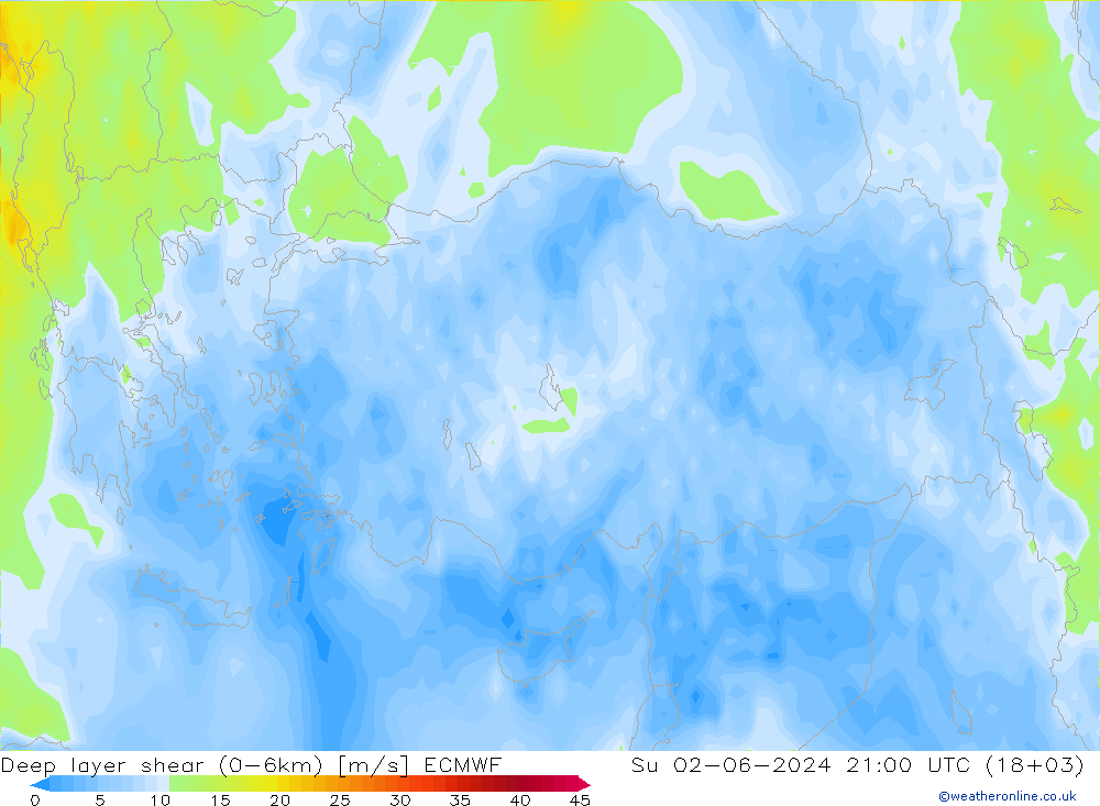 Deep layer shear (0-6km) ECMWF zo 02.06.2024 21 UTC