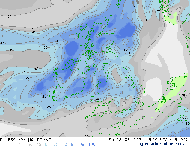 RH 850 hPa ECMWF Dom 02.06.2024 18 UTC