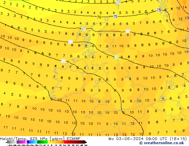 Height/Temp. 925 hPa ECMWF Mo 03.06.2024 09 UTC