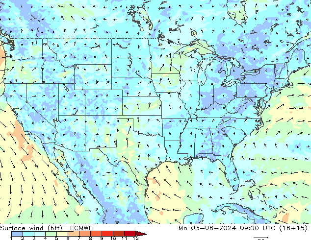 Surface wind (bft) ECMWF Po 03.06.2024 09 UTC