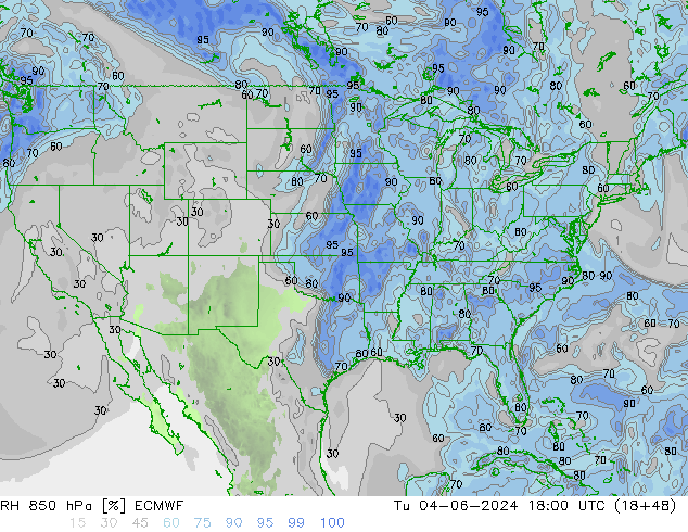 RH 850 hPa ECMWF Út 04.06.2024 18 UTC