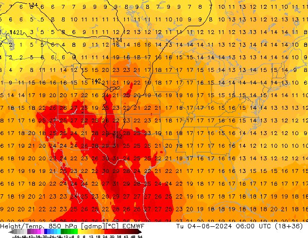 Yükseklik/Sıc. 850 hPa ECMWF Sa 04.06.2024 06 UTC