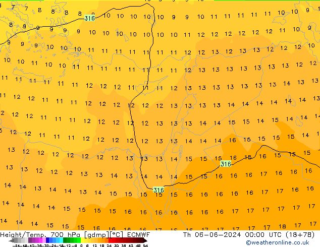 Hoogte/Temp. 700 hPa ECMWF do 06.06.2024 00 UTC