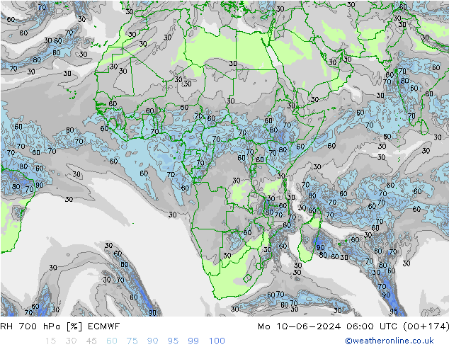 Humedad rel. 700hPa ECMWF lun 10.06.2024 06 UTC