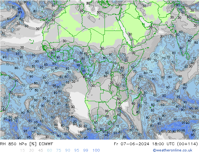 Humidité rel. 850 hPa ECMWF ven 07.06.2024 18 UTC