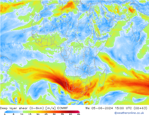 Deep layer shear (0-6km) ECMWF wo 05.06.2024 15 UTC