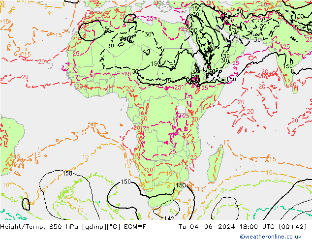 Hoogte/Temp. 850 hPa ECMWF di 04.06.2024 18 UTC