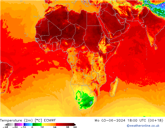 Temperatura (2m) ECMWF lun 03.06.2024 18 UTC