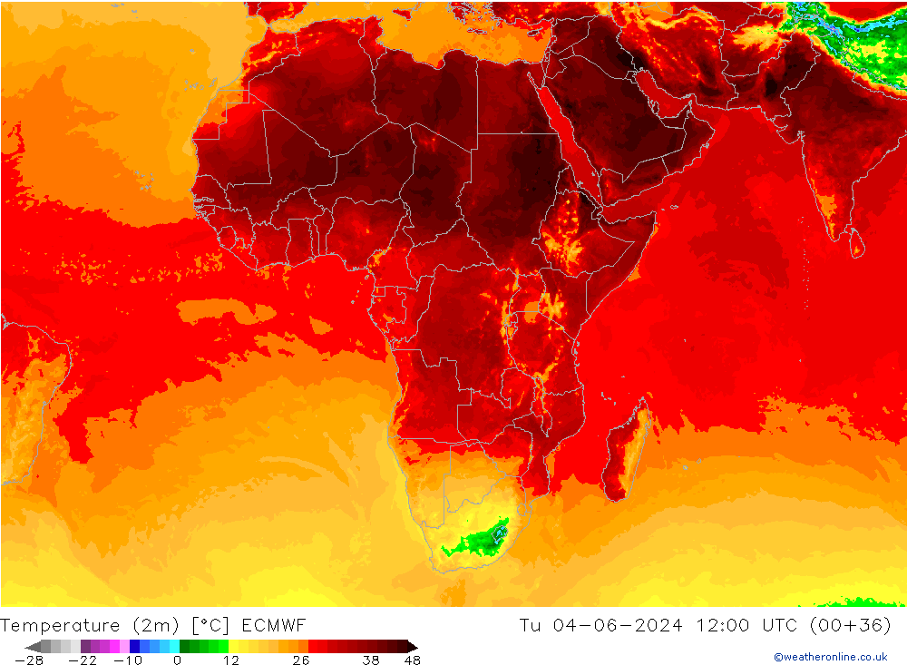 mapa temperatury (2m) ECMWF wto. 04.06.2024 12 UTC