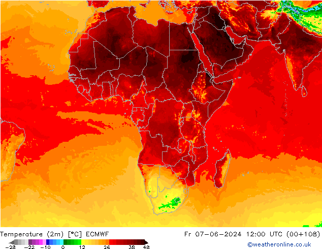 Temperatuurkaart (2m) ECMWF vr 07.06.2024 12 UTC