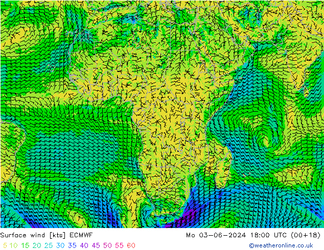 wiatr 10 m ECMWF pon. 03.06.2024 18 UTC