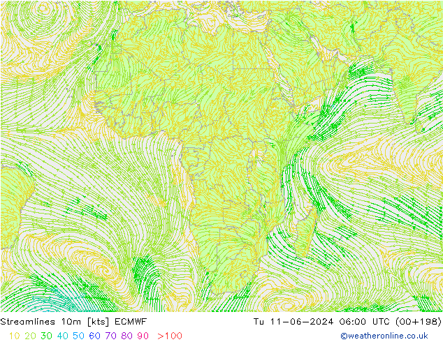 Streamlines 10m ECMWF Tu 11.06.2024 06 UTC