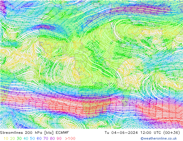 Linha de corrente 200 hPa ECMWF Ter 04.06.2024 12 UTC
