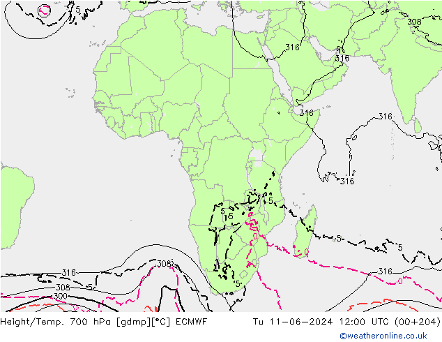 Géop./Temp. 700 hPa ECMWF mar 11.06.2024 12 UTC