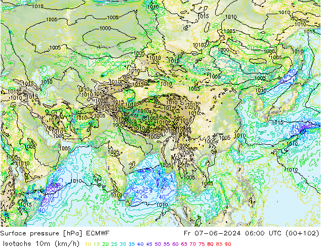 Isotaca (kph) ECMWF vie 07.06.2024 06 UTC