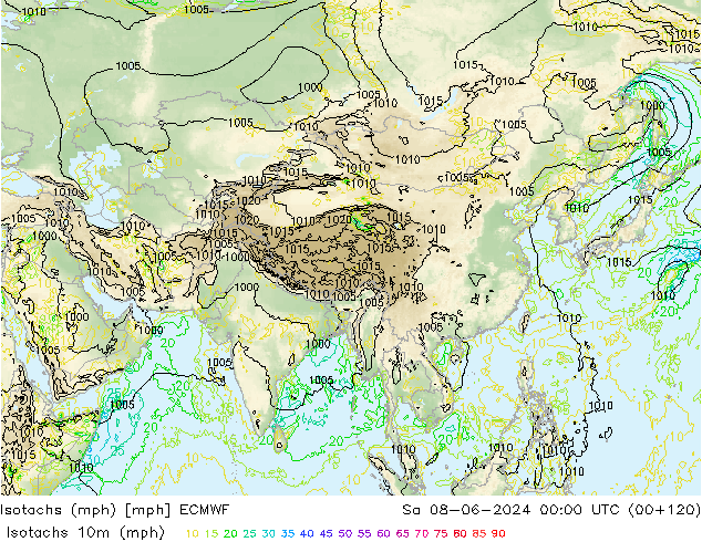 Isotachs (mph) ECMWF sab 08.06.2024 00 UTC