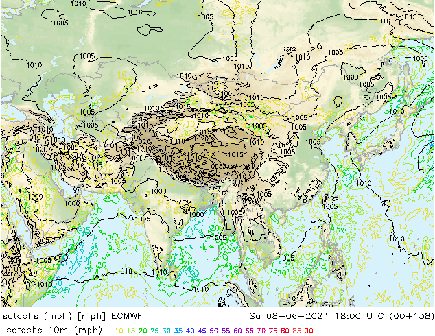Isotachen (mph) ECMWF Sa 08.06.2024 18 UTC