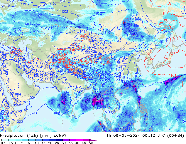 Totale neerslag (12h) ECMWF do 06.06.2024 12 UTC