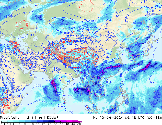 Totale neerslag (12h) ECMWF ma 10.06.2024 18 UTC