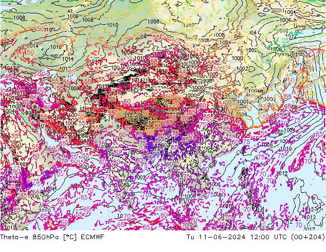 Theta-e 850hPa ECMWF mar 11.06.2024 12 UTC