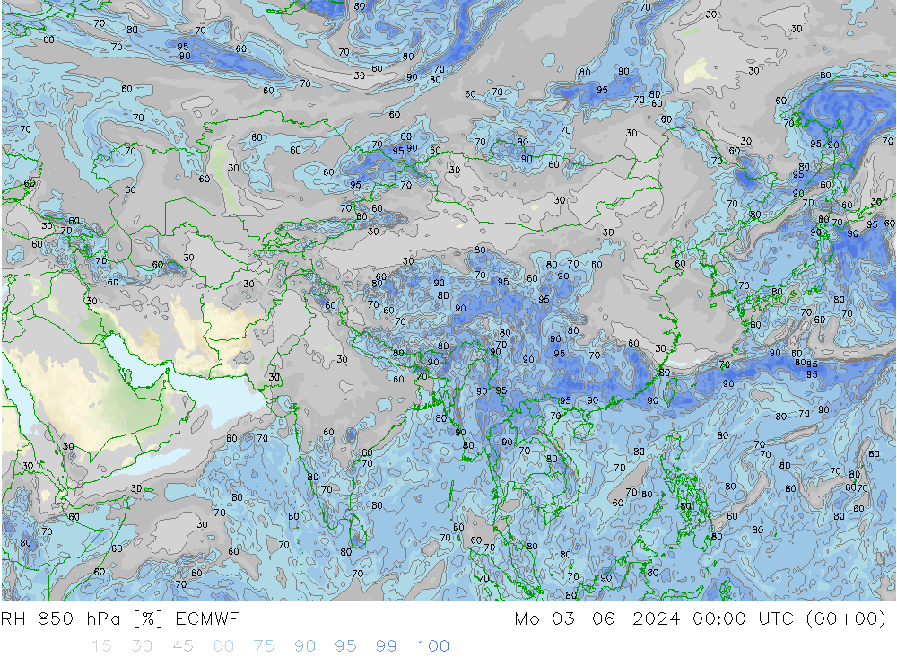 RH 850 hPa ECMWF lun 03.06.2024 00 UTC