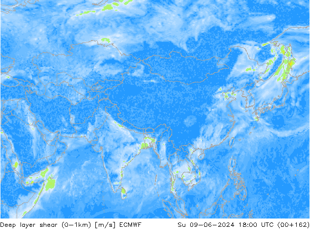 Deep layer shear (0-1km) ECMWF zo 09.06.2024 18 UTC