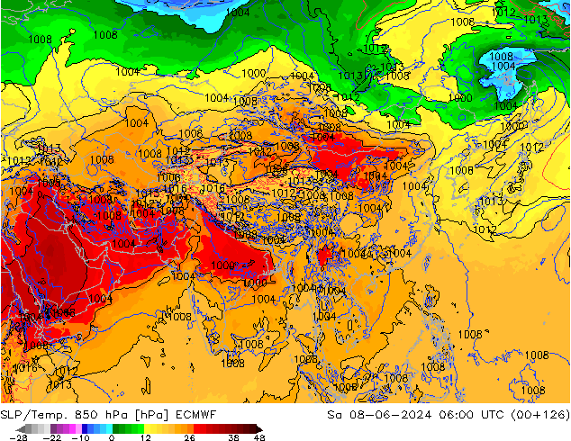 SLP/Temp. 850 гПа ECMWF сб 08.06.2024 06 UTC