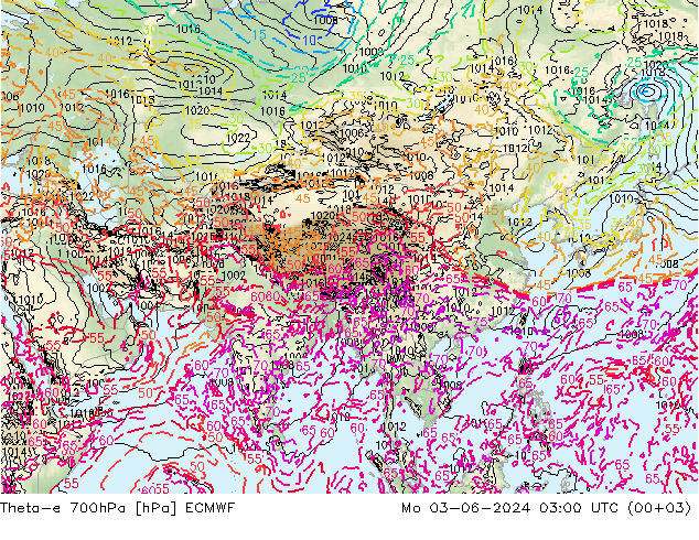 Theta-e 700hPa ECMWF lun 03.06.2024 03 UTC