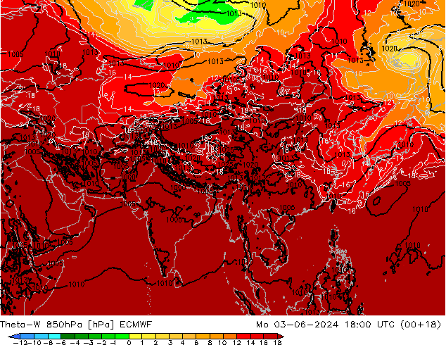 Theta-W 850hPa ECMWF Mo 03.06.2024 18 UTC