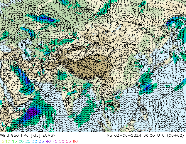 Vento 950 hPa ECMWF lun 03.06.2024 00 UTC