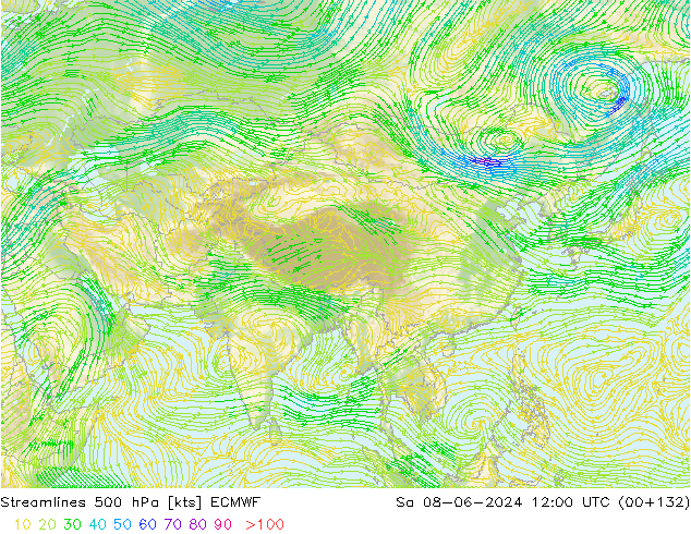 Linia prądu 500 hPa ECMWF so. 08.06.2024 12 UTC