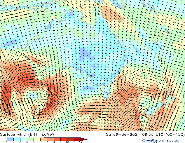 Surface wind (bft) ECMWF Ne 09.06.2024 06 UTC