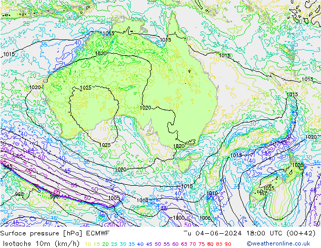 Izotacha (km/godz) ECMWF wto. 04.06.2024 18 UTC