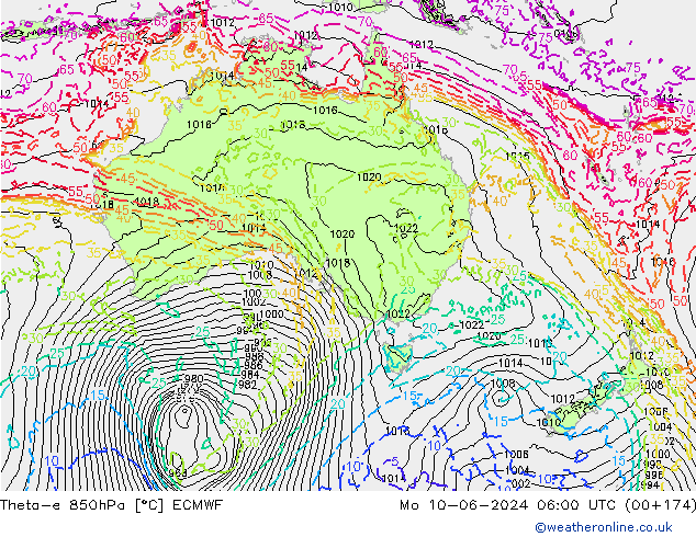 Theta-e 850hPa ECMWF pon. 10.06.2024 06 UTC