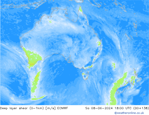 Deep layer shear (0-1km) ECMWF Sa 08.06.2024 18 UTC